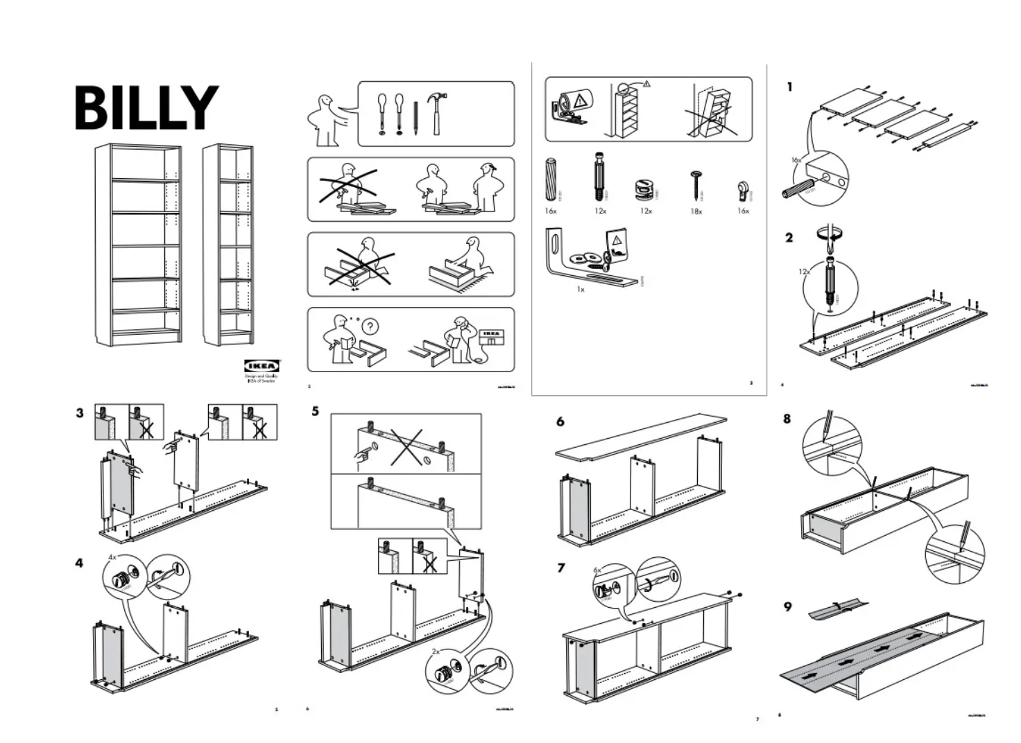 Instructions for building the Ikea Billy bookcase, with many steps and Xs over many images that tell you what not to do, in black and white schematics