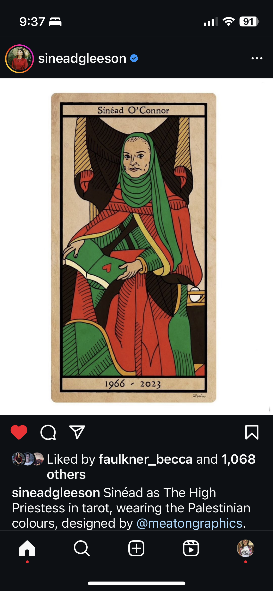Image of a print of Sinead O'Connor in red and green robes as the high priestess of tarot.
