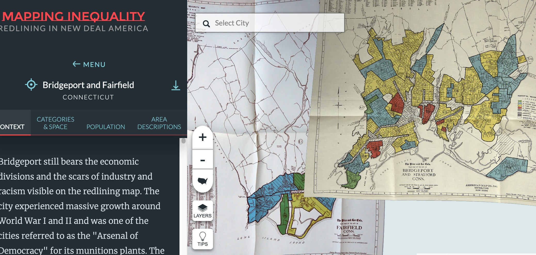 Mapping inequality: Redlining in New Deal America, Bridgeport and Fairfield, CT, with two superimposed redline maps along the city boundary.