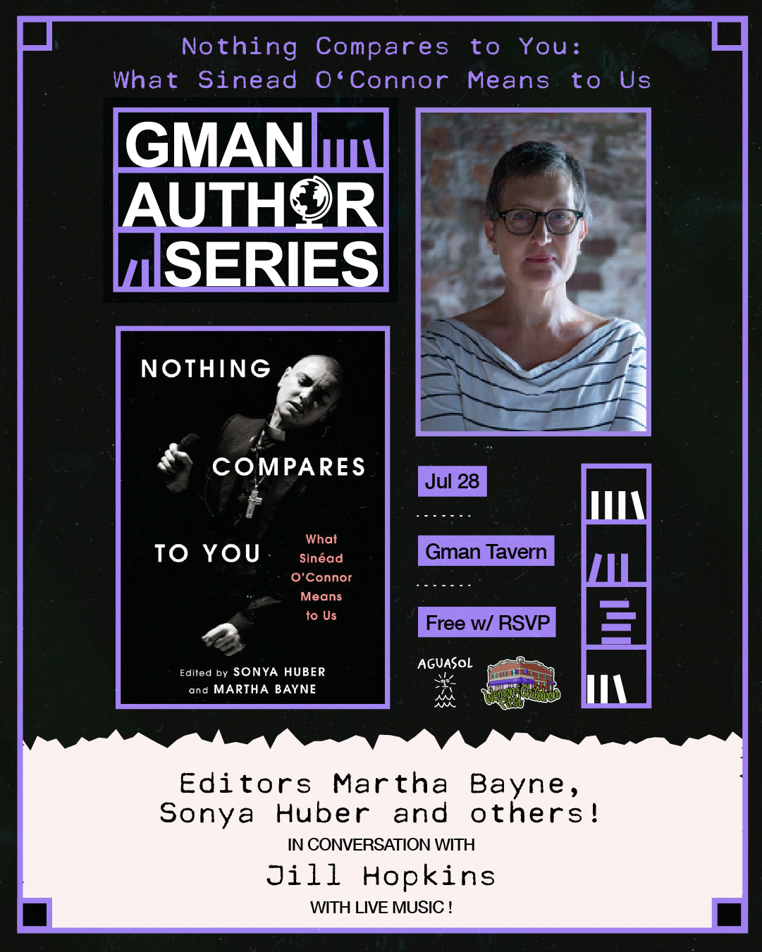 Black background with purple linear graphics, Gman Author Series in logo of stylized bookshelf. Image of Martha Bayne wearing short hair, a striped shirt, and glasses, and image of Book cover of Nothing Compares to You with Sinead holding a microphone with eyes closed wearing a clerical collar.