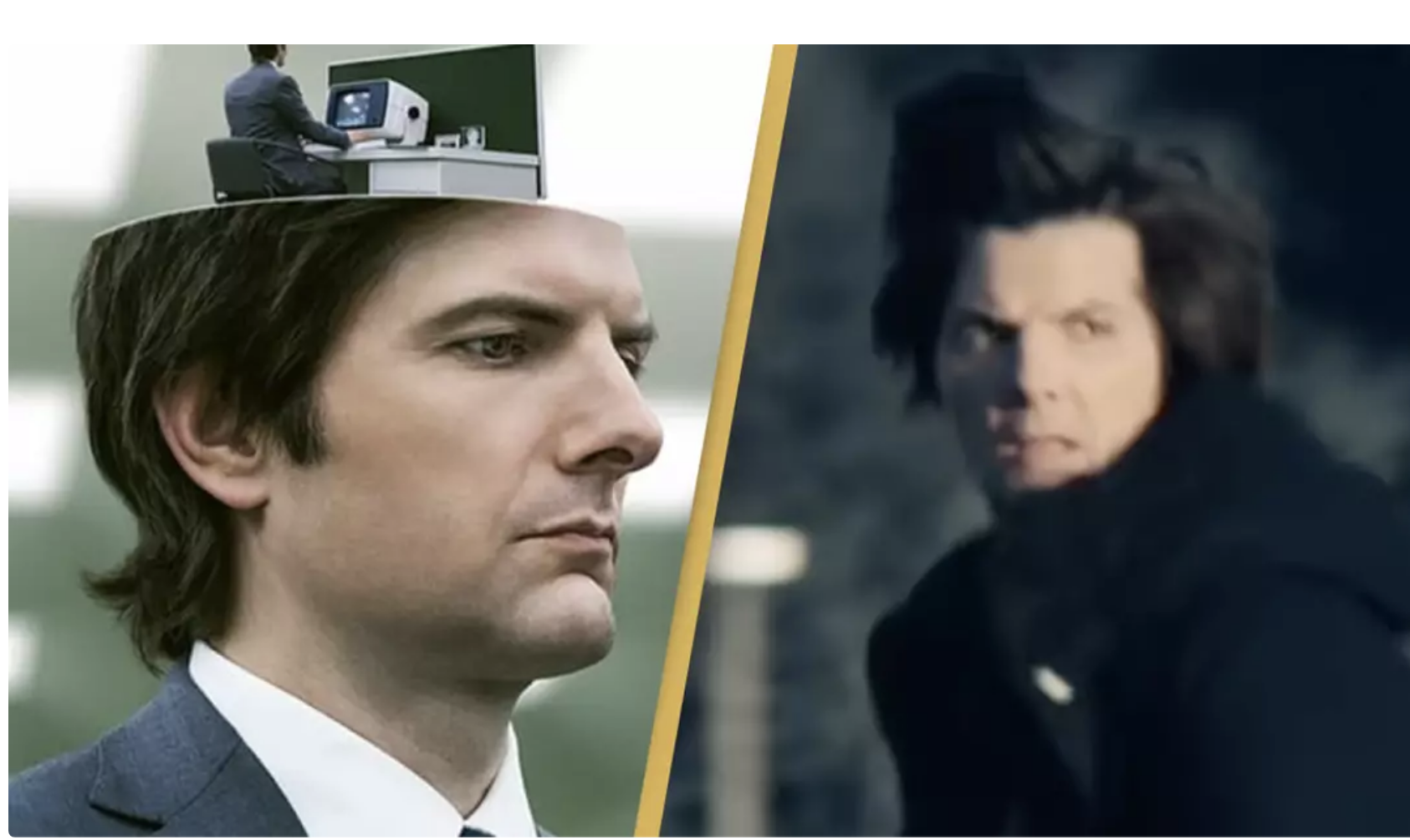 Split image of two Severance shots from promotional trailers, one of a work mark with a smaller worker Mark at a desk emerging from the top of this skull on left, and on right, outie Mark turning to look over his shoulder as he runs in panic.