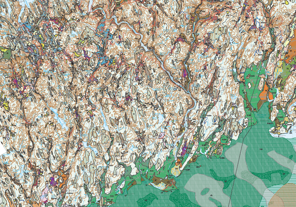 Close-up map of Connecticut with colored blobs for different kinds of rocks that looks like someone spilled a full meal on the floor.