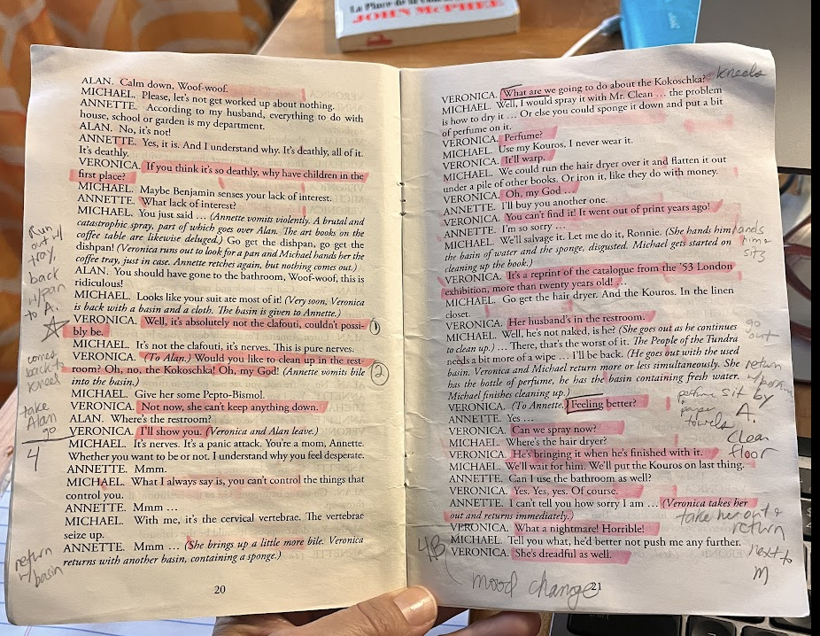 One shot of my script, open to show notes and highlighting.