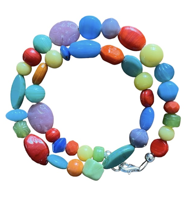 A string of brightly colored beads in a double loop with a clasp